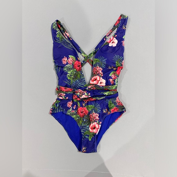 Women's Tropical Print Deep V-Neck Criss Cross Floral One Piece Swimsuit - Picture 1 of 7